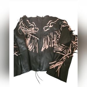 Unik Black Leather Fringe Jacket with Pink Accents
